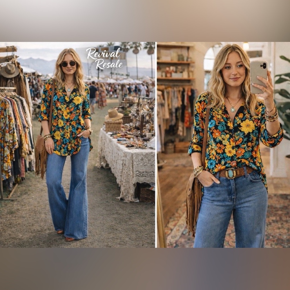 Womens Floral Button-Down Blouse - Black with Yellow & Teal Flowers